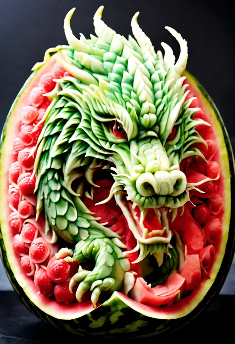 watermelon carving, eastern dragon, china dragon, watermelon carving art, carving, tmasterpiece, superb quality, hyper-realistic...