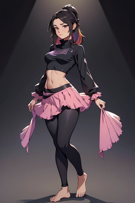 A beautiful, young barefoot woman, wearing  longsleeved top, bare midriff, a long colorful frilly skirt and black leggings under it, standing.