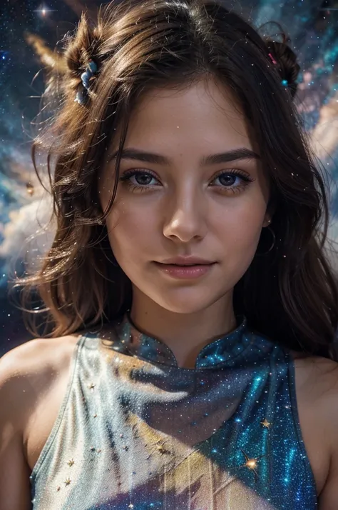 High detail, super detail, super high resolution, girl enjoying her time in the dream galaxy, surrounded by stars, warm light sprinkled on her, background is starry sky with colorful galaxies and galaxy clouds, stars flying around her, delicate face, addin...