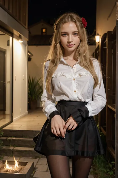 masterpiece, best quality,  absurdres, looking at viewer, solo, rita rossweisse (summer nights dream), rita rossweisse, shirt, pantyhose, red rose, red eyes, blonde hair, long sleeves, mole under eye, hair over one eye,  frilled shirt, white shirt,  seduct...