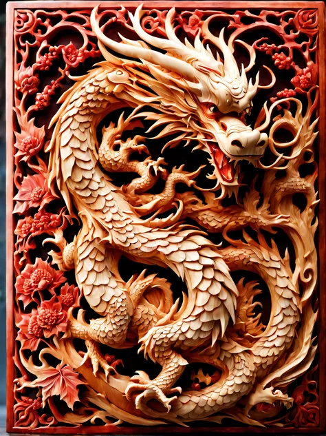 wood carving, eastern dragon, china dragon, wood carving art, rad maple, red maple wood carving, carving, tmasterpiece, superb q...