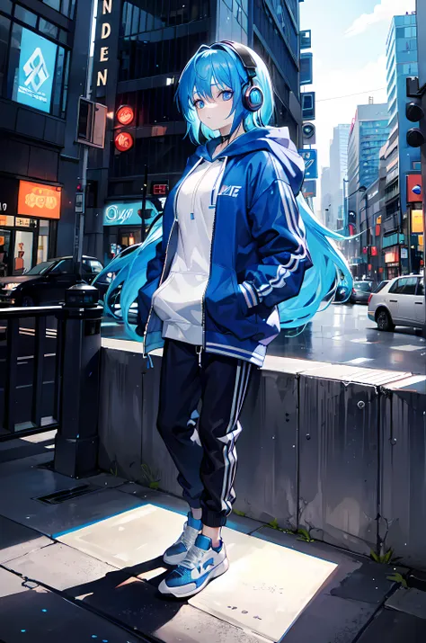 1girl ((Blue hair)), Hoodie, pants, Blue shoes, headphones, in the streets, side-view, Neon lights, city lights, masterpiece, beautiful, 1 9 year old, close up view