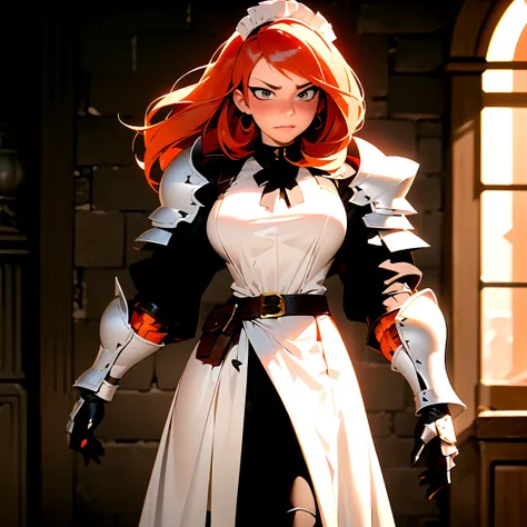 (best quality,4k,8k,highres,masterpiece:1.2), Kim possible  embarrassed and flustered by the viewer seeing her encased in heavy plate armor, which tightly locked to her body in the style of a maid outfit. Her Orange hair and flustered face contrast against...