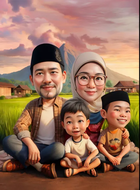 there are three people sitting on a bench with a child, an indonesian family portrait, happy family, indonesian java family, pot...