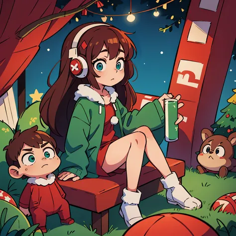 Milpi anime girl, sitting and holding a candle in his hands, on New Year&#39;s Day&#39;red and green suit, and headphones of the same color, deep blue eyes with black pupils, with light brown hair, not very long, anime girl, against the background of a Chr...