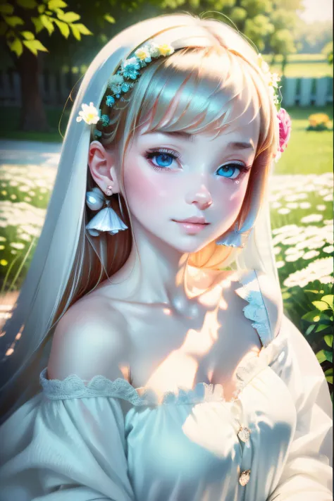 Highest Quality, pale skin, (Face and eye details: 1.2), 1 girl, Very delicate and beautiful girl,japanese, Wavy short hair,  snub nose, (somewhat childish appearance), ((very beautif)), curls, Whole body,Happy, With white flowers, coat, White background, ...