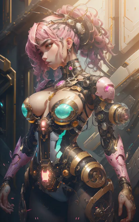 8k portrait of beautiful (cyborg) with pink hair, (Dua Lipa) , mecha musume scifi body suit, pauldrons, intricate, elegant, highly detailed, majestic, digital photography, art by artgerm and ruan jia and greg rutkowski surreal painting reflective, hairpin ...