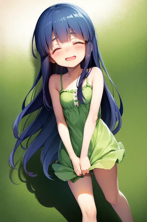 ((loli)), middle hair, navy hair, dark blue hair, round eyes, ((closed eyes)), tareme, 1 girl, ((smile)), ((embarrassed)), (blus...