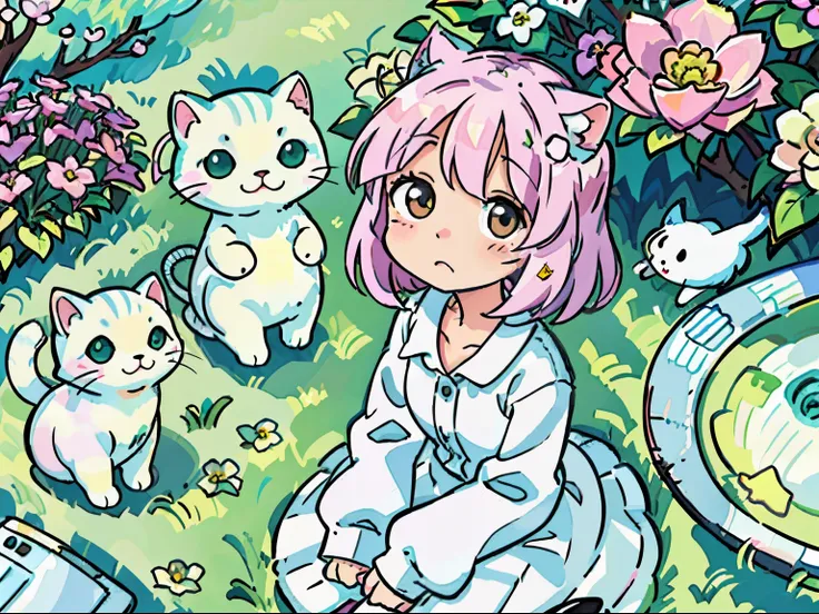 There  a white cat sitting on the green grass, lovely art style, Soft anime illustration, 、voice, Kawaii cat, white cat, Anime visuals of a cute cat, Official fan art, Cute and detailed digital art, anime cat, cute illustration, Official character illustra...