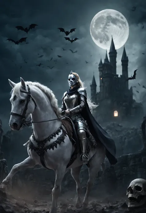 tmasterpiece，8k wallpaper，1 medieval female knight，silver mask，（Detailed mask details），perfect body figure，Hourglass figure，Riding on horseback，Outside the ruined castle，nigth，Darkness all around，High hanging moon，swarm of bats，（smooggy）（smooggy），Cool atmo...