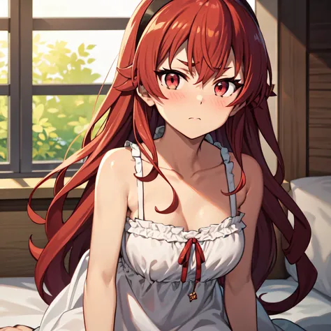 1girl, , , , (steam:1.3),10 years old, ,, ,, ,,,, eris boreas greyrat, closed mouth, nose blush, long hair, red hair, ahoge, red...