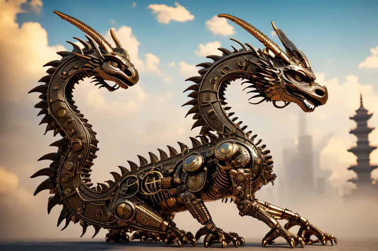 a mechanical oriental dragon stands on the outskirts of a chinese city..., chinese dragon in steampunk style, oriental dragon in...