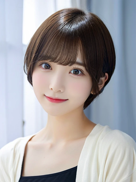 1girl in、real looking skin、(short-hair:1.1)、short-hair、(Photorealsitic:1.1)、Beautuful Women、Beauty salon with revealing clothes、Gray background、White curtains、Natural look