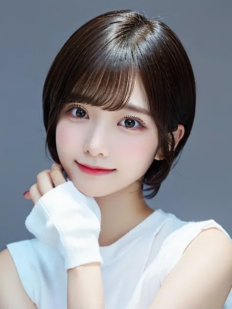 1girl in、real looking skin、(short-hair:1.1)、short-hair、(Photorealsitic:1.1)、Beautuful Women、Beauty salon with revealing clothes、Gray background、White curtains、Natural look