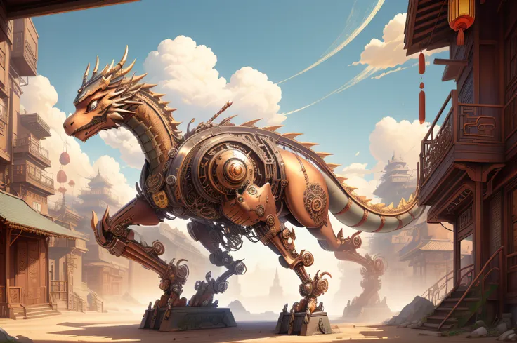 a mechanical oriental dragon stands on the outskirts of a chinese city..., chinese dragon in steampunk style, oriental dragon in...