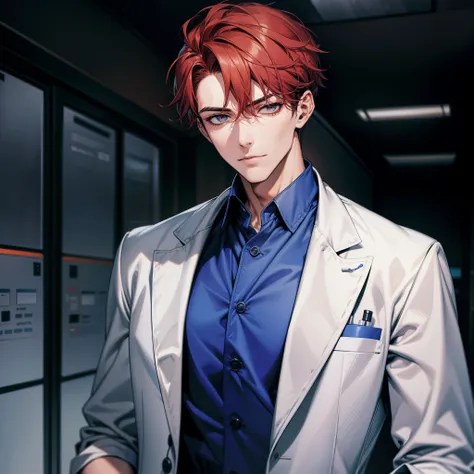 A handsome man with red short hair up and black eyes, giving a mature, gentleman, and doctor vibe, looking looking sideways Doctor attire, blue scrub suit and white coat, medical attire, doctor uniform, modern era, half body, hospital.