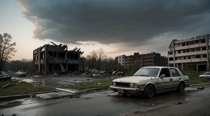 Post-apocalypse,cloudy ash sky,Sateen,ruins,abandoned car,Collapsed building,forest