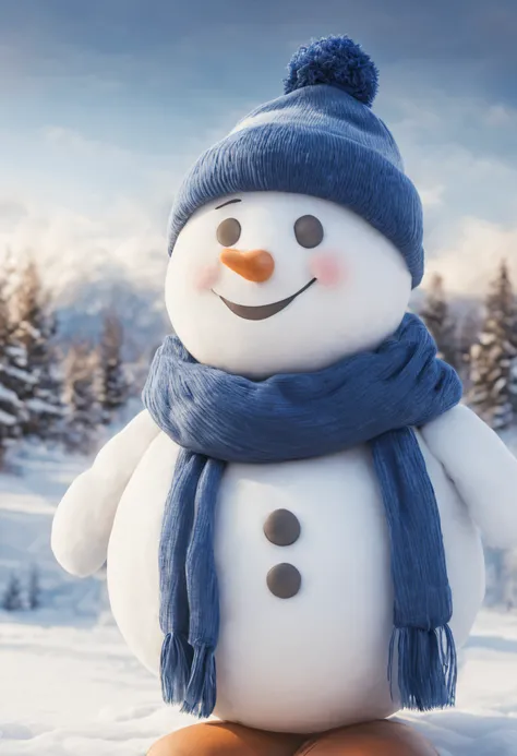 Snowman with blue hat,blue plush scarf,My belly so big, Dita,shes smiling,The background huge,Very white, Very white,It seems she lonely,She looked at a deflated football,have some troubles