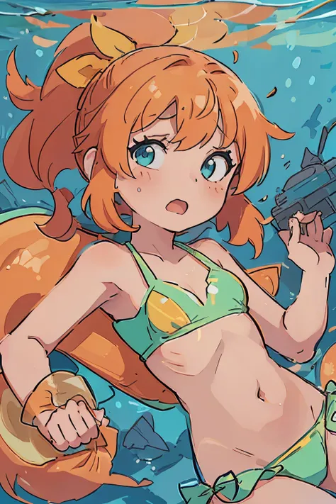 girl, loli, flat chest, orange ponytail, blue/green/yellow bikini, underwater, surprised expression, soft lighting