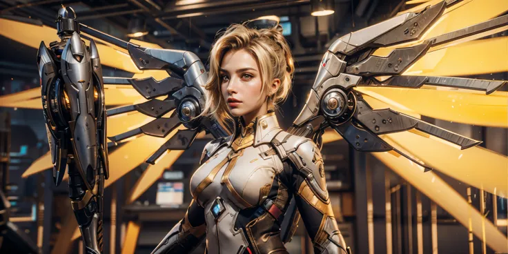 image of mercy from overwatch,blonde hair,mechanical wings,(realistic,photorealistic:1.37),detailed face,beautiful detailed eyes,beautiful detailed lips,detailed mechanical wings,shiny metallic textures,soft lighting,vivid colors,peaceful expression,action...