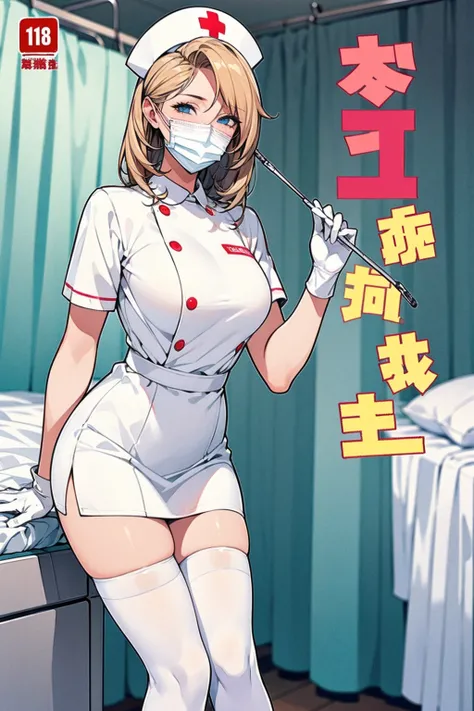 1woman, nurse, nurse cap, white wear, ((white legwear, zettai ryouiki)), white gloves, blonde hair, blue eyes, ((White surgical mask, Cover the nose)), standing, ((hospital room)), sharp outline, short sleeves, mature female, 35 years old, best quality, ma...