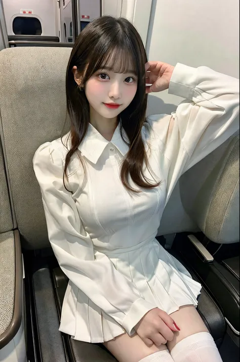 Top image quality、4K picture quality、Best Quality、huge tit、g-cup、22year old、japanes、short stature、Two arms、Wearing a white blouse with a long-sleeved collar、Wearing a pleated miniskirt、Thin leg、Sitting next to each other on a plane at night