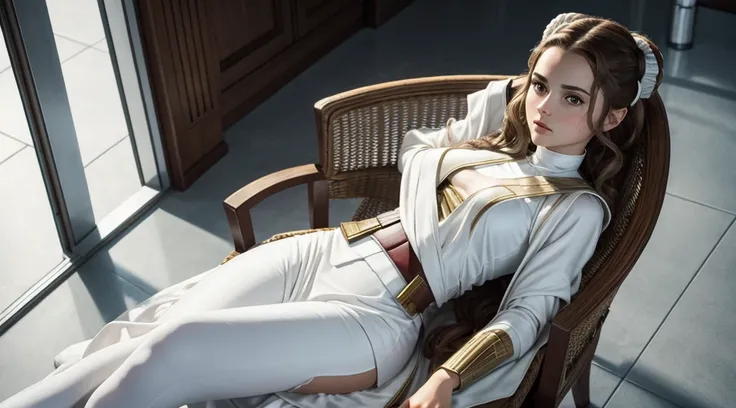 Padme amidala from starwars 1, sit on chair, legs wide, slim, 1:1 padme, in white clothes, realistic, high detailed, looks like Padme amidala from 1 starwars,14y old,