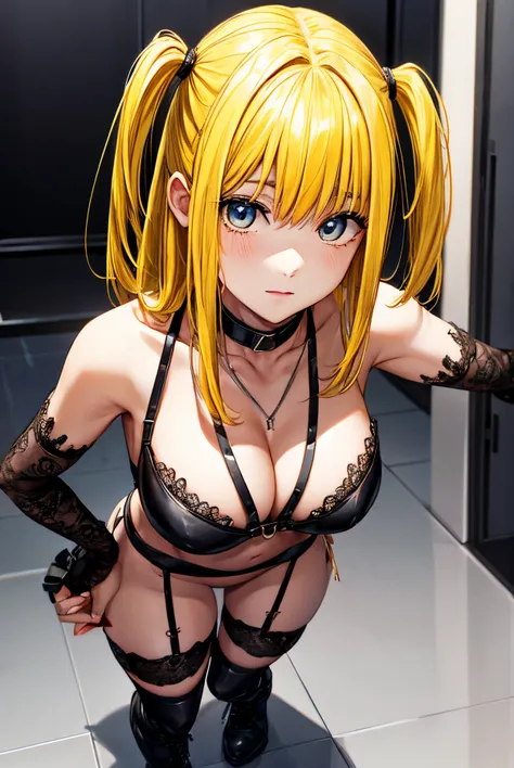 misaamane, misa amane, long hair, bangrown eyes:1.7), (yellow hair:1.5), blunt bangs, (two side up:1.5), red lips, lipstick, sol...