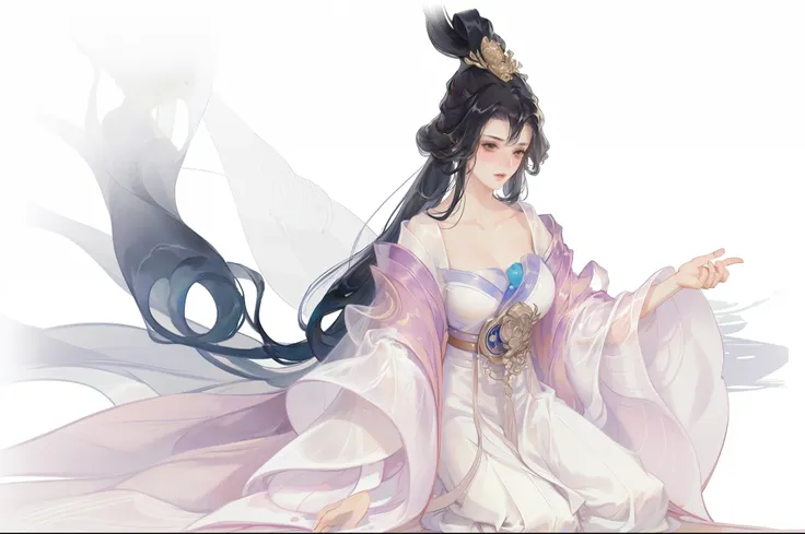 best quality at best, 超高分辨率, (((1 girl))),(long black hair), game fairy, old palace, hanfu, yarn, flowing light yarn, jewelry, (...