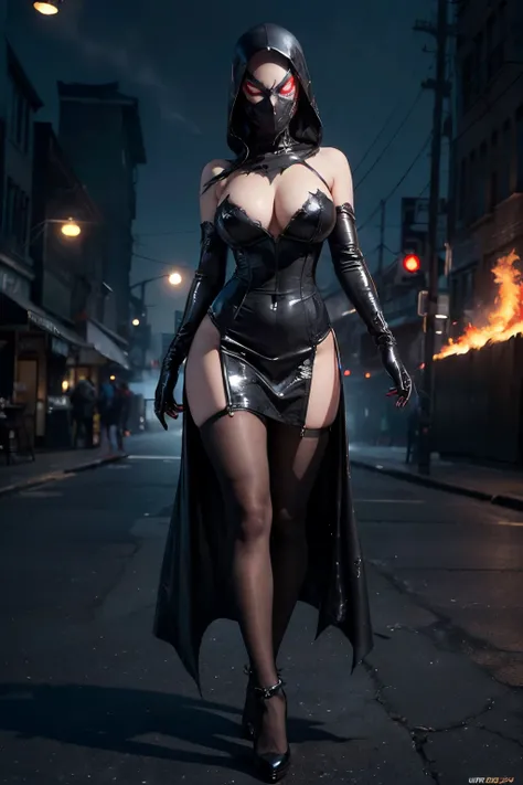 ultra detailed, a solo beautiful asian girl, big tits, sexy ripped batman outfit, black slime, detailed, pretty, (dark city background), (night sky), black ripped corset detailed dress, (masterpiece), (good anatomy), ( spiderman venom mask), black hood, ((...