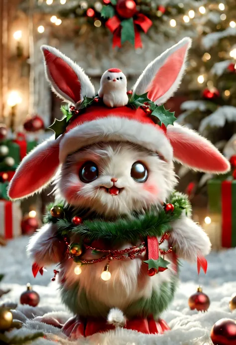 christmas，Little bunny in Christmas costume，adolable，A detailed，tmasterpiece，Realiy，photorealestic，4k