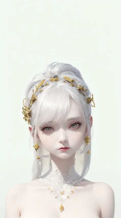 there  a woman with a white dress and a gold necklace, inspired by Sim Sa-jeong, 4k hd. snow white hair, kawaii realistic portrait, render of april, with very highly detailed face, pale snow white skin, white cloud hair, guweiz masterpiece, detailed hair f...