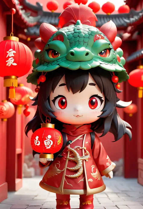 super cute girl wearing chinese dragon hat, carrying a red lantern, eyes with brightness, red wall, pop mart blind box, a 3d ren...