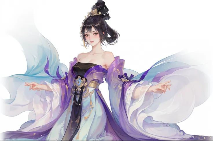 best quality at best, 超高分辨率, (((1 girl))),(long black hair), game fairy, old palace, hanfu, yarn, flowing light yarn, jewelry, (...