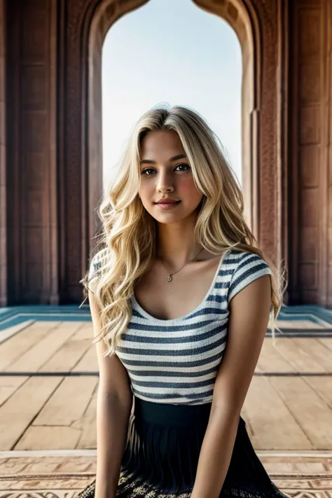 1girl in, age24, Solo, Long wavy hair, Colossal tits, long messy windy blonde hair ,at taj mahal, camera facing down at, kneelingon floor, looking up at camera, half smile, biting lip, blondehair, Full body, (extremely detailed 8k wallpaper), soft lighting...