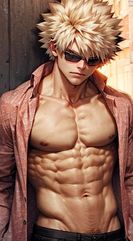 Bakugou Katsuki looking at the viewer with open shirt and muscular arms and body, wearing a chain and sunglasses