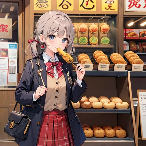 ​masterpiece、masutepiece、High Quality、Anime girl is eating croquettes、14years、cute  face、Delicious look、Wearing a uniform、The outer coat is brown、Japan school uniform、tight skirts、FULL BODYSHOT、The background is a nostalgic Japanese shopping street