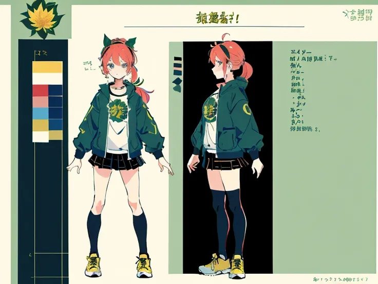 1girl in, ((Character information)、(Chara Leaf)、Type sheet, Character Sheets, Three types，Shot Full Body，Game Character Design，Colorful, Bright, hairlong, pony tail