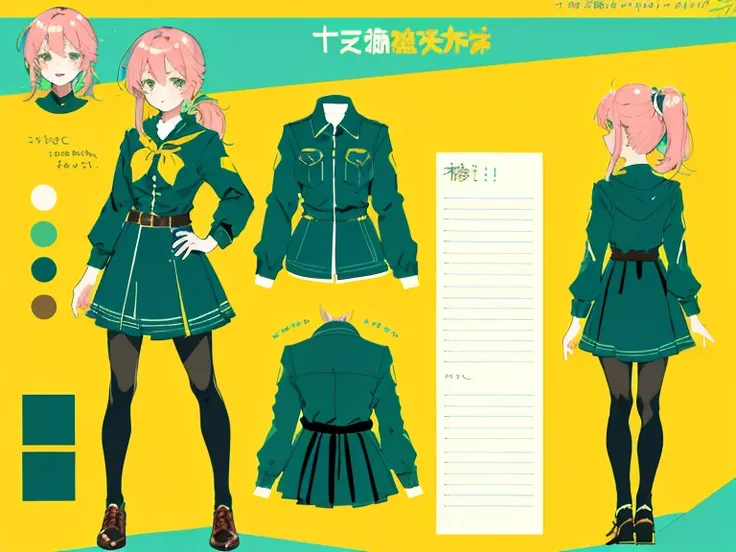 1girl in, ((Character information)、(Chara Leaf)、Type sheet, Character Sheets, Three types，Shot Full Body，Game Character Design，Colorful, Bright, hairlong, pony tail