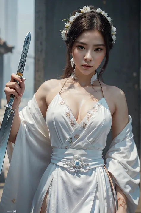 a close up of a woman with a sword in a white dress, a character portrait by Yang J, trending on cgsociety, fantasy art, beautiful character painting, artwork in the style of guweiz, guweiz, white hanfu, flowing white robes, full body wuxia, epic exquisite...