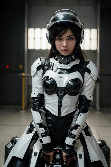 Highest image quality, outstanding details, ultra-high resolution, (fidelity: 1.4), the best illustration, favor details, highly condensed 1girl, with a delicate and beautiful face, dressed in black and white mecha, wearing a mecha helmet, holding a direct...