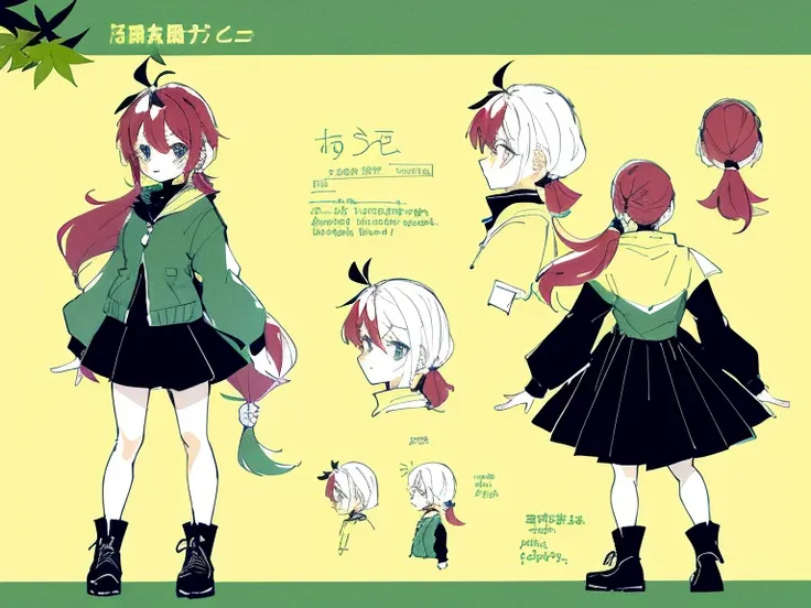 1girl in, ((Character information)、(Chara Leaf)、Type sheet, Character Sheets, Three types，Shot Full Body，Game Character Design，Colorful, Bright, hairlong, pony tail