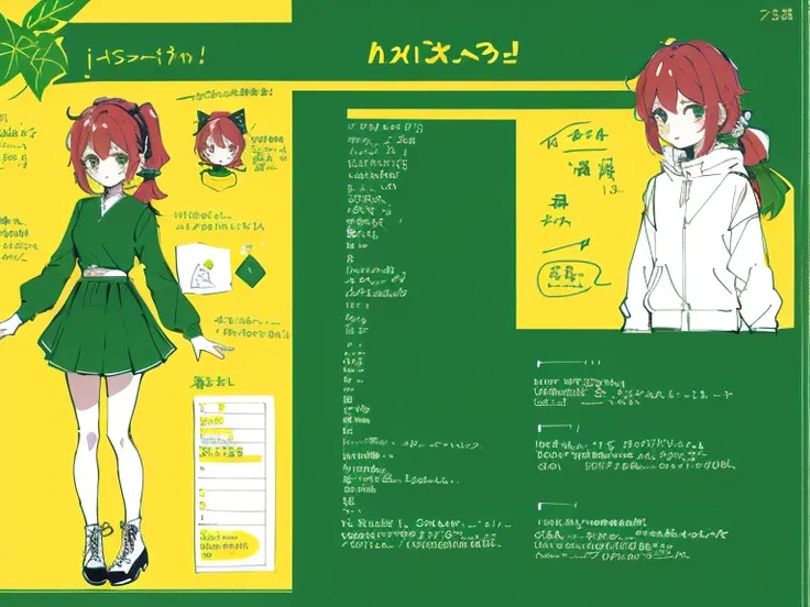 1girl in, ((Character information)、(Chara Leaf)、Type sheet, Character Sheets, Three types，Shot Full Body，Game Character Design，Colorful, Bright, hairlong, pony tail