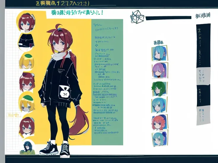 1girl in, ((Character information)、(Chara Leaf)、Type sheet, Character Sheets, Three types，Shot Full Body，Game Character Design，Colorful, Bright, hairlong, pony tail