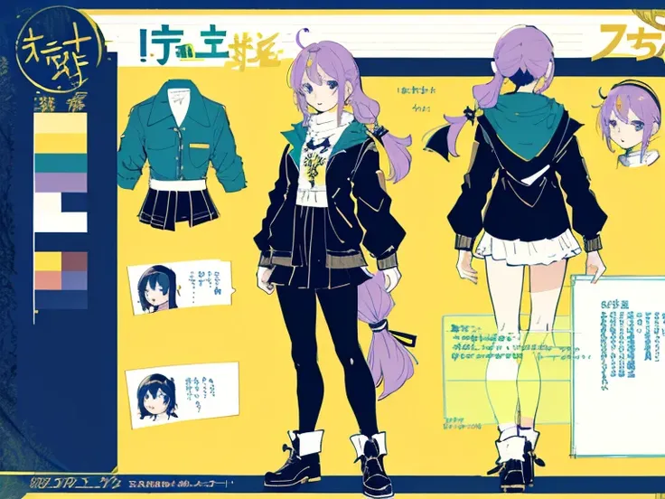 1girl in, ((Character information)、(Chara Leaf)、Type sheet, Character Sheets, Three types，Shot Full Body，Game Character Design，Colorful, Bright, hairlong, pony tail