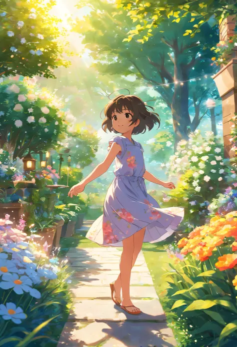 In the garden full of flowers, Under the sunlight, little girl dancing in floral skirt