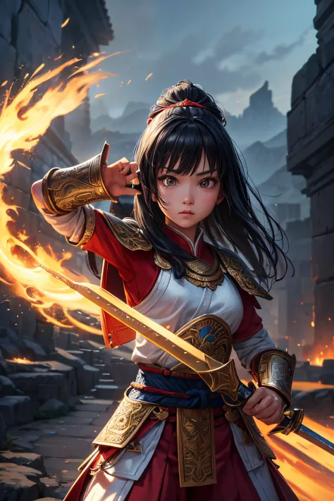 young  girl, ancient mongolian warrior, cute look,,combat stance, wielding a sword, holding a smal phone, ancient mongolian armor, highly detailed, ancient battlfield in background, vibrant appearance, creative behavior, extremly detailed, imaginative, , s...