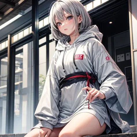 Gray hair Japanese woman in her 20s Gray colored contact lenses White baggy hoodie Background Tokyo Figure playing with a cell phone Cute