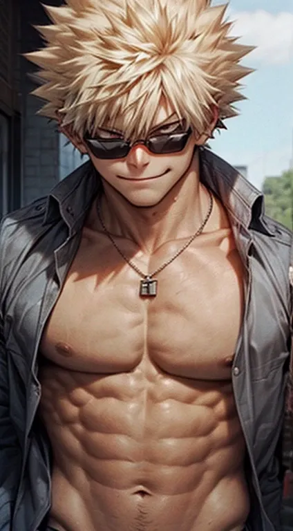 Bakugou Katsuki looking at the viewer with open shirt and muscular arms and body, wearing a necklace and sunglasses, smirking