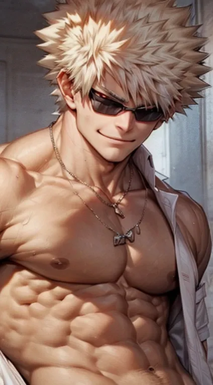 Bakugou Katsuki looking at the viewer with open shirt and muscular arms and body, wearing a necklace and sunglasses, smirking